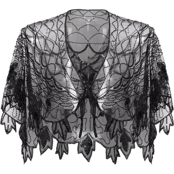 Shawl Wraps Sequin Beaded Cape Black2 - Picture 1 of 6